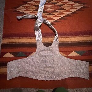 Vintage bedazzled silk zip up Sparkling Silver Halter Crop Top